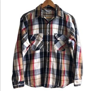 VTG Five Brother Mens Beige Plaid Heavy Flannel Shirt USA Made Distressed Sz L